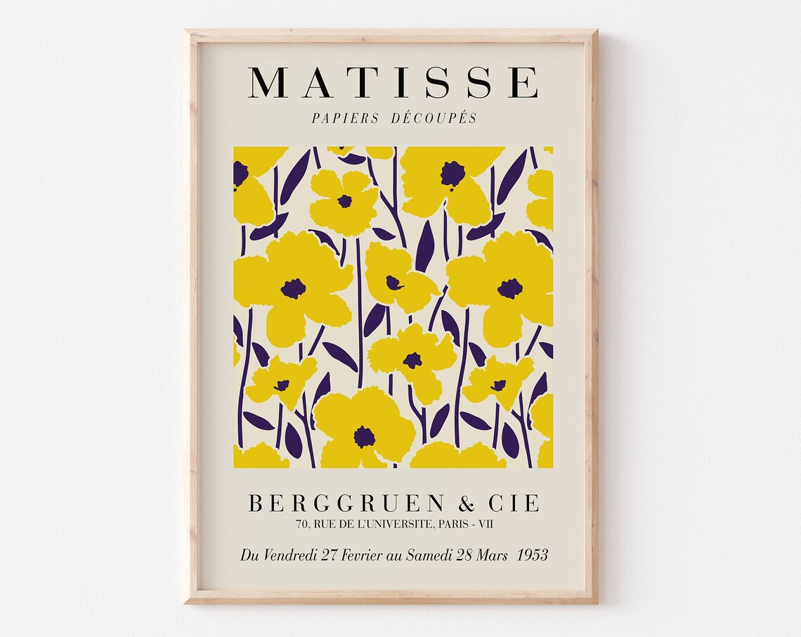 Matisse Bold Yellow Flowers Navy Stems Papiers Decoupes Poster