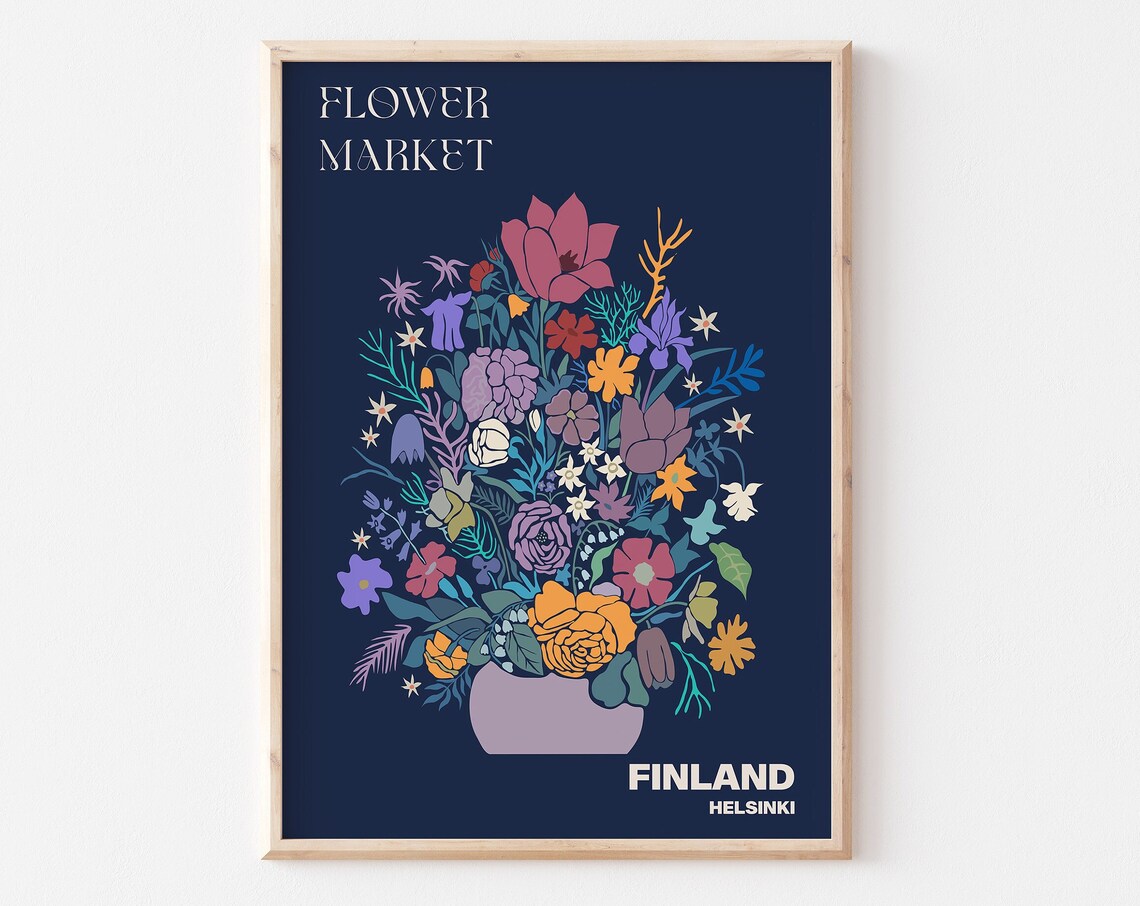 Helsinki Finland Flower Market Navy Botanical Bouquet Poster