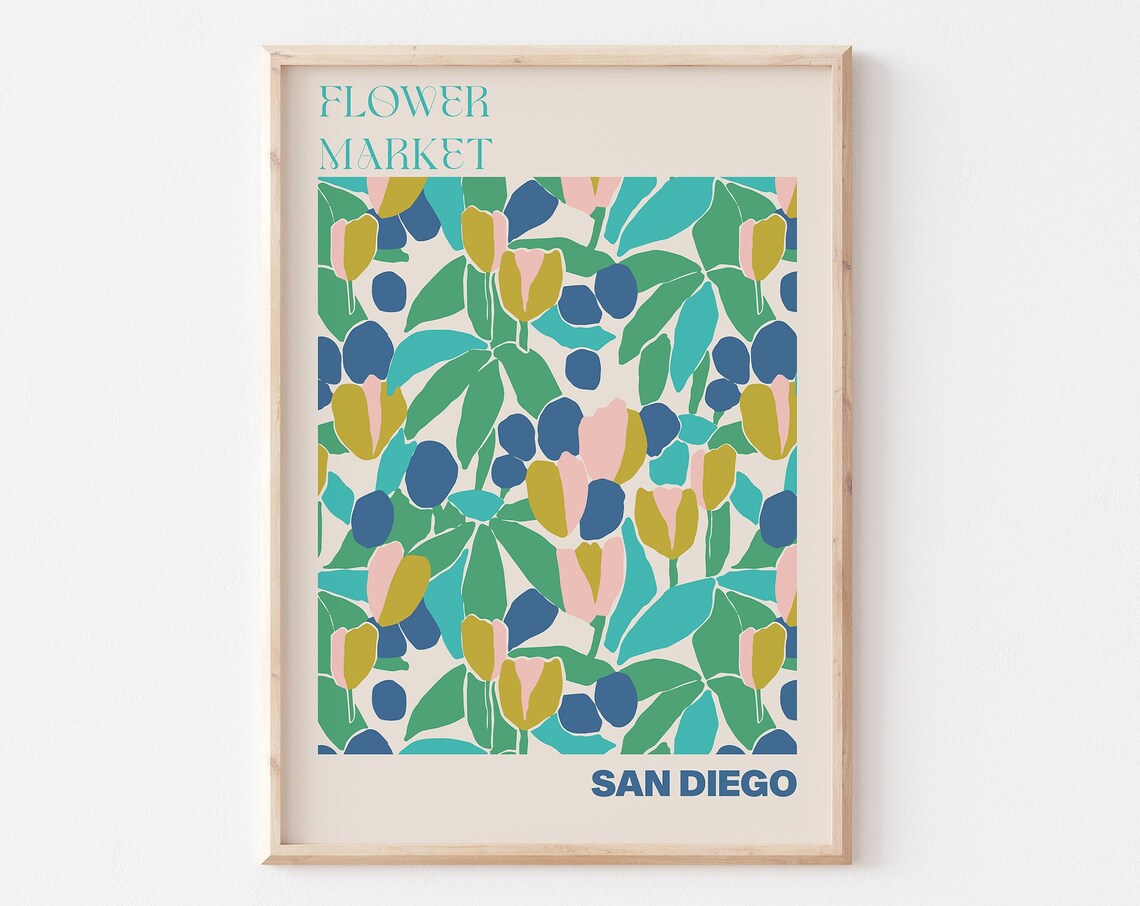 San Diego Flower Market Sunny Tulip Patchwork Teal Travel Poster