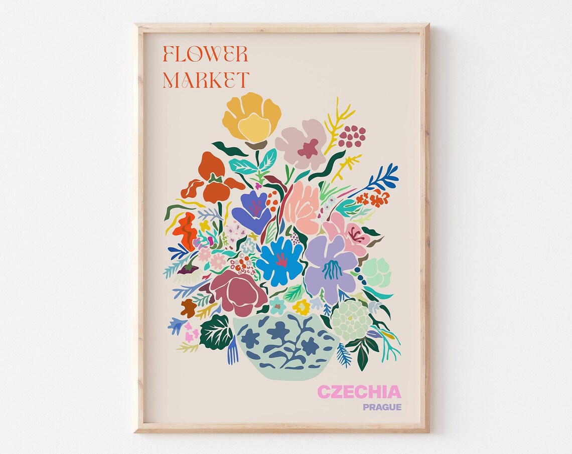 Czechia Prague Bloom Bouquet Patterned Vase Flower Market Poster