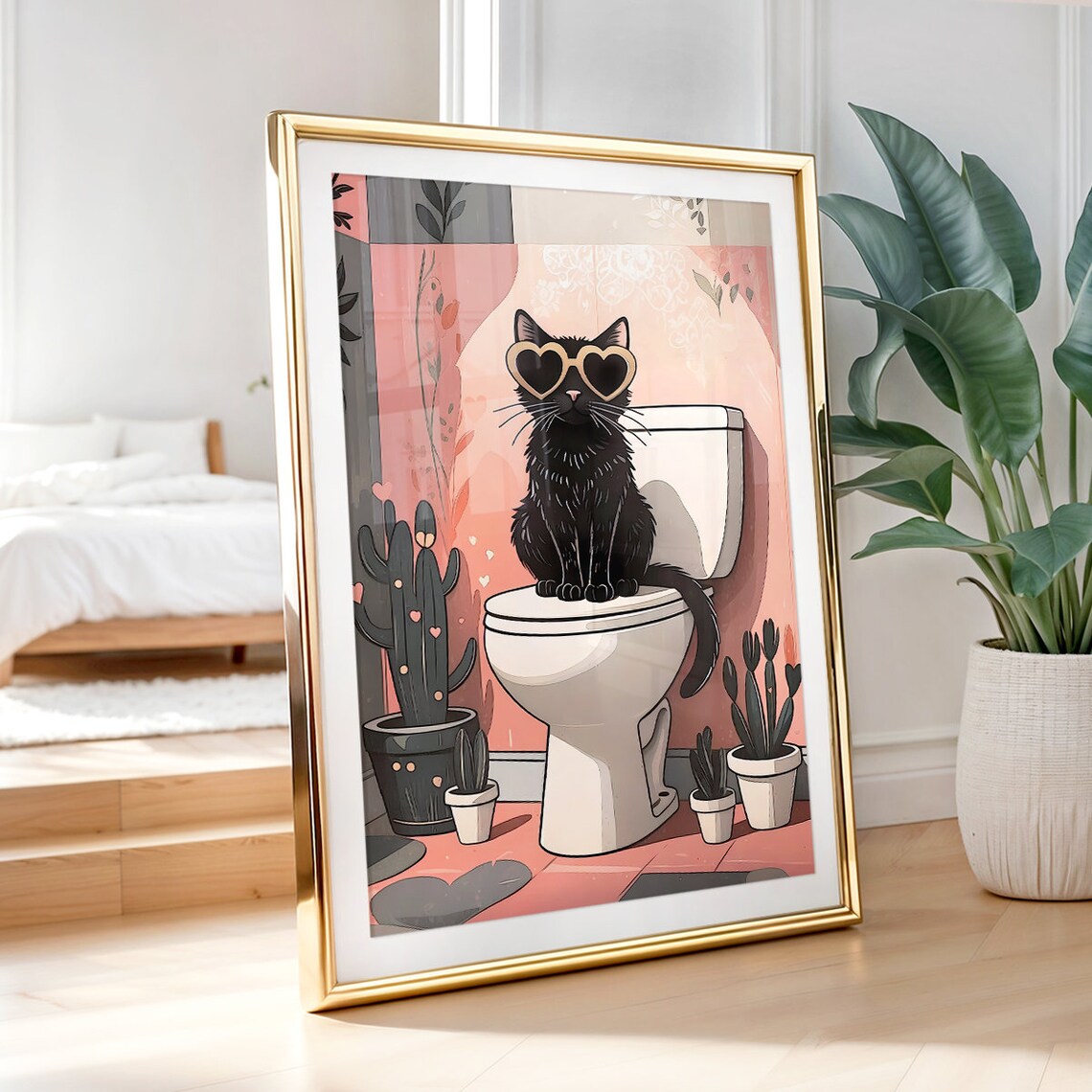 Black Cat With Heart Sunglasses On Toilet In Pink Bathroom Poster