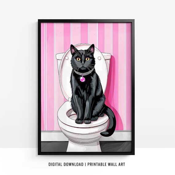Black Cat in Pearl Necklace on Toilet Pink Glam Bathroom Poster