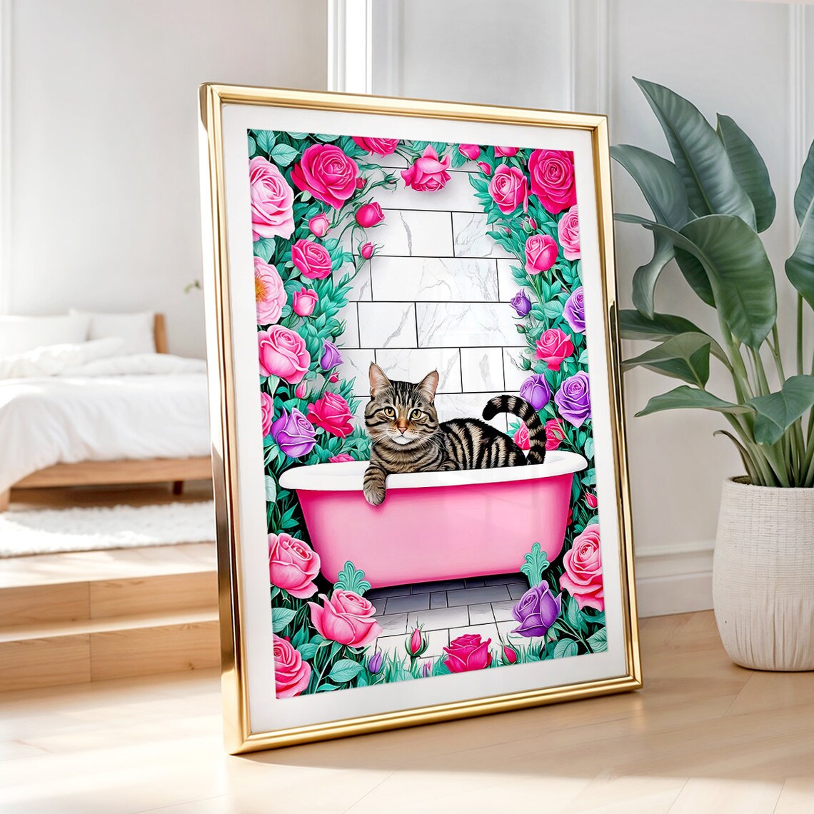 Tabby Cat Pink Bathtub Roses Funny Bathroom Floral Wall Poster