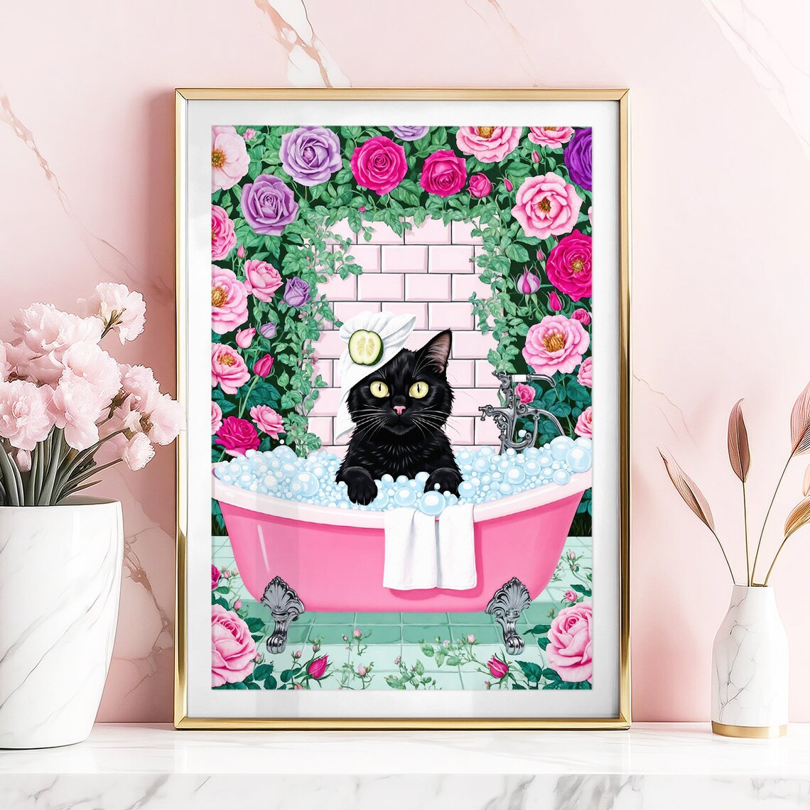 Black Cat Bubble Bath Cucumber Spa Funny Pink Bathroom Poster - Image 4