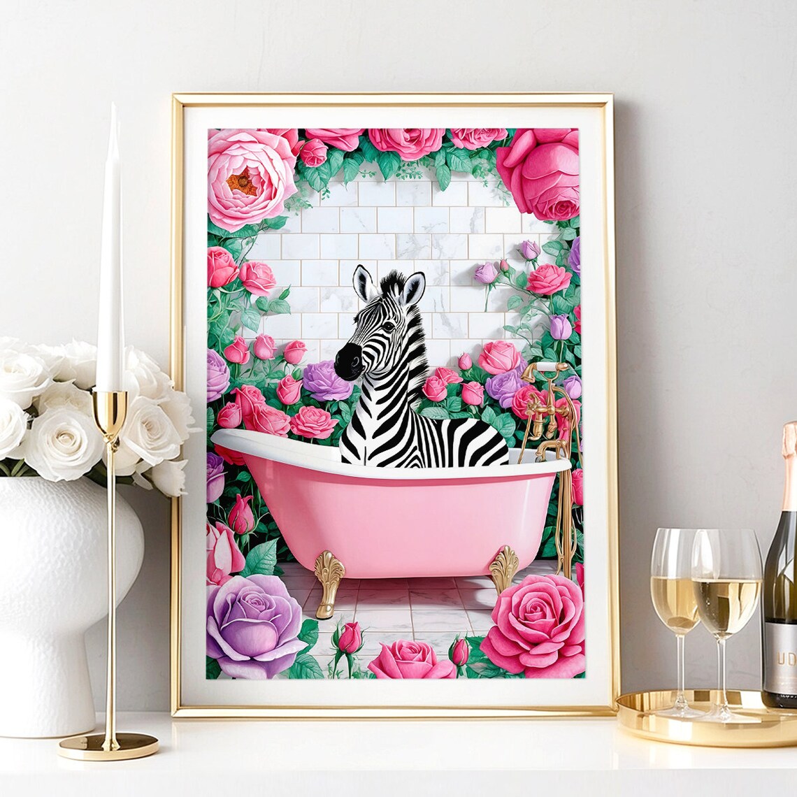 Zebra Pink Bathtub Roses Funny Maximalist Bathroom Floral Poster - Image 4
