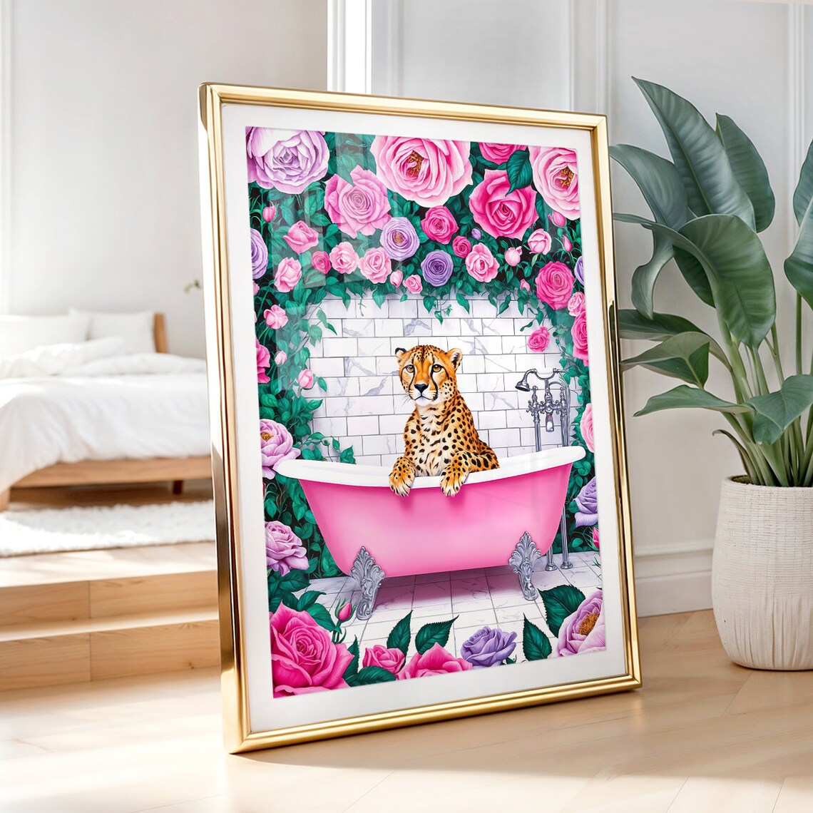 Cheetah In Pink Bathtub Surrounded By Roses Bathroom Wall Poster - Image 5