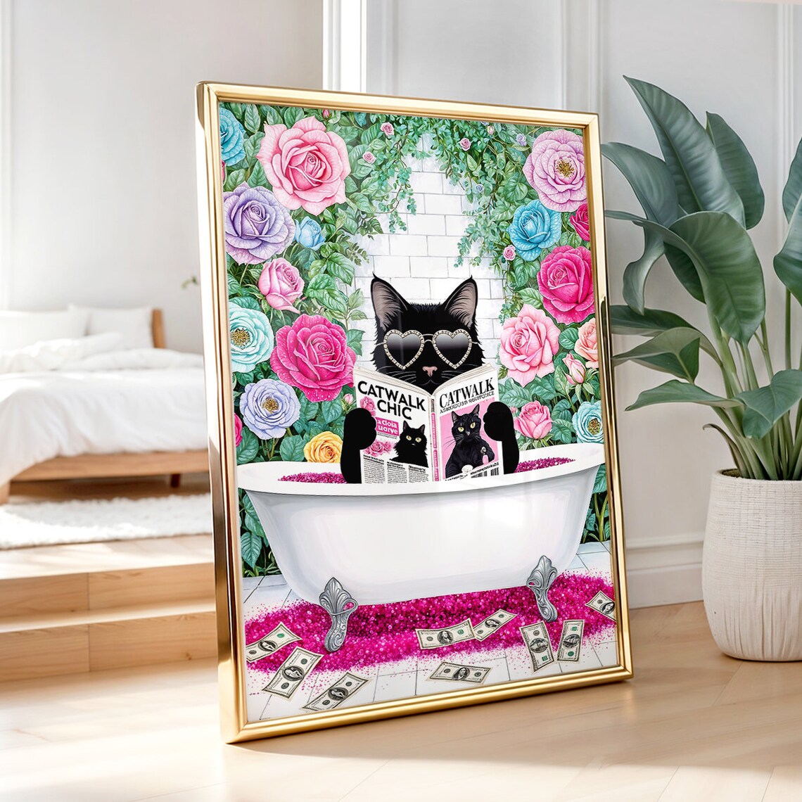 Black Cat In Bathtub Reading Catwalk Chic Magazine With Roses Poster - Image 3