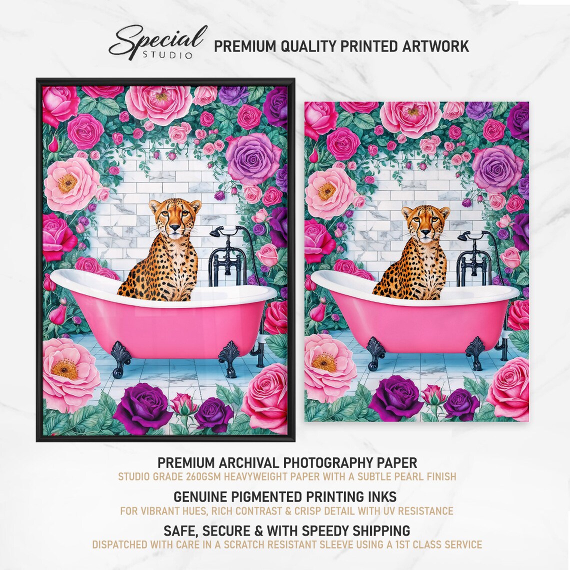 Cheetah In Pink Bathtub With Roses Black Fixtures Bathroom Poster - Image 3