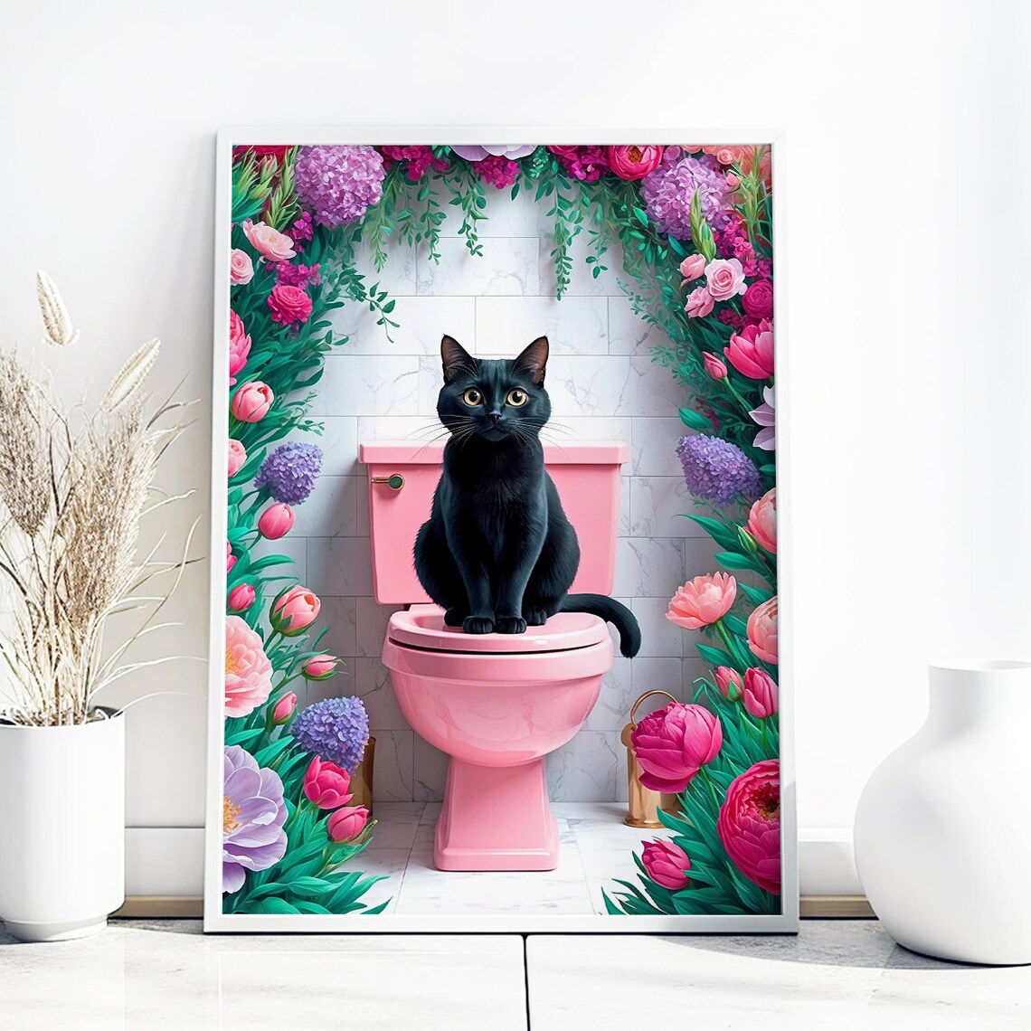 Black Cat Pink Toilet Floral Arch Funny Bathroom Decor Poster - Image 4