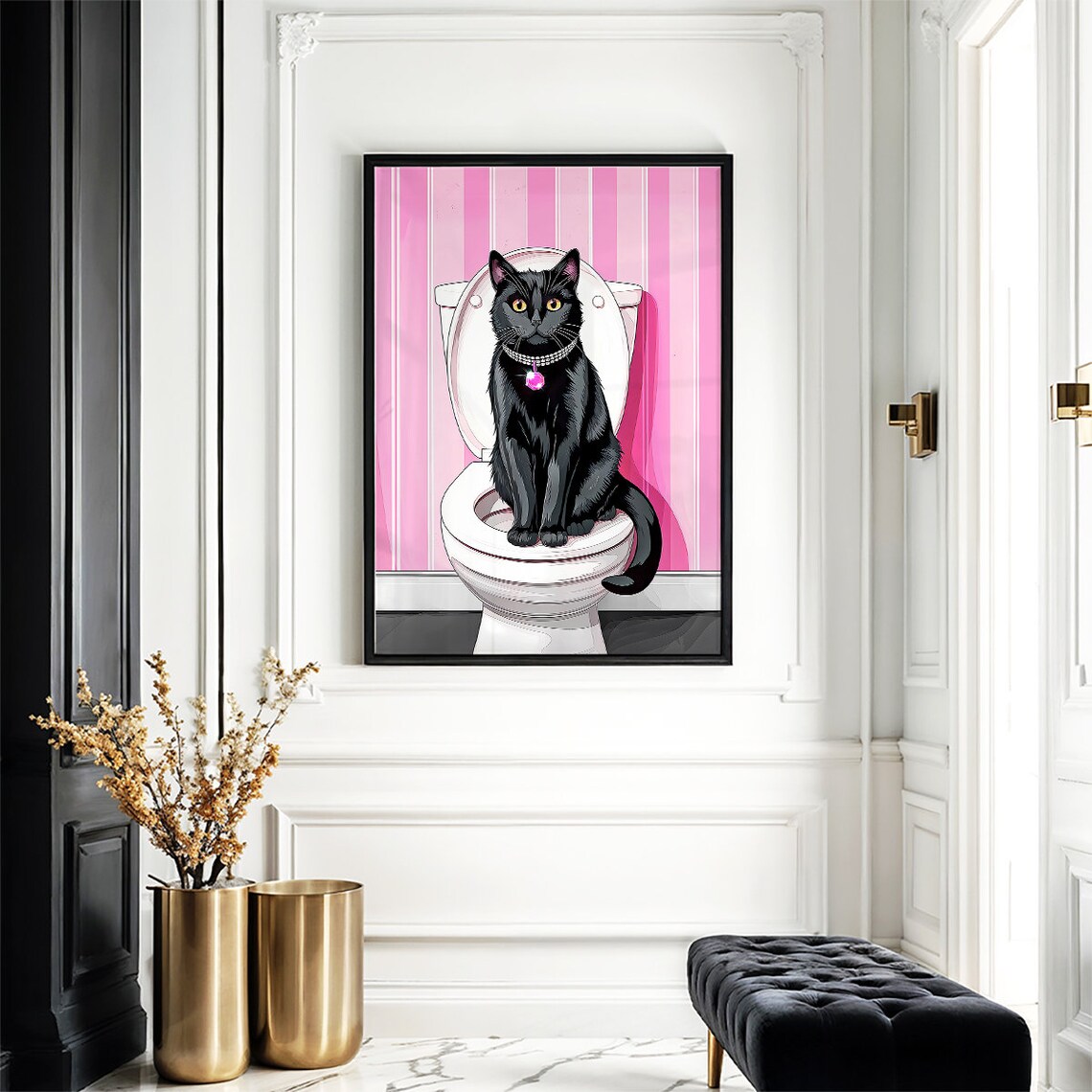 Black Cat in Pearl Necklace on Toilet Pink Glam Bathroom Poster - Image 3