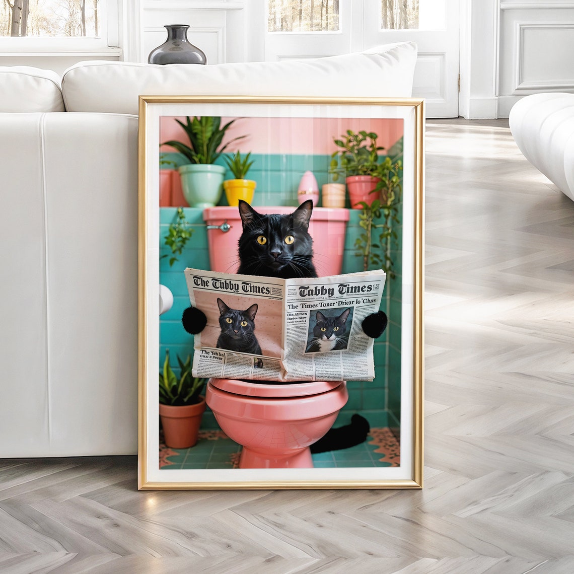 Black Cat on Toilet, Pink Preppy Bathroom Poster - Image 3