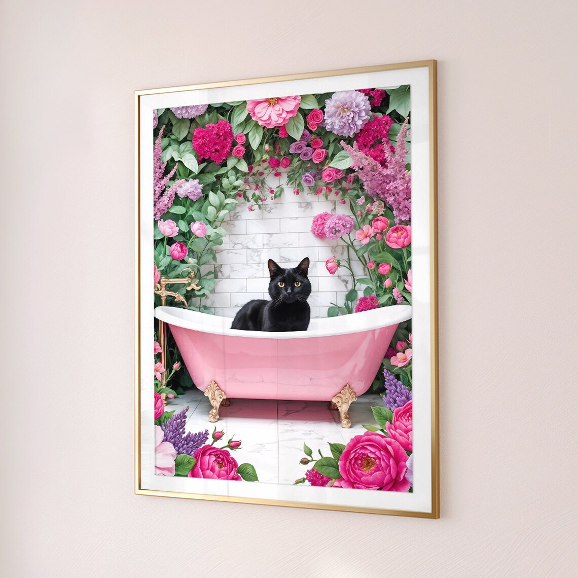 Black Cat Pink Clawfoot Tub Blooming Floral Garden Bathroom Poster - Image 3