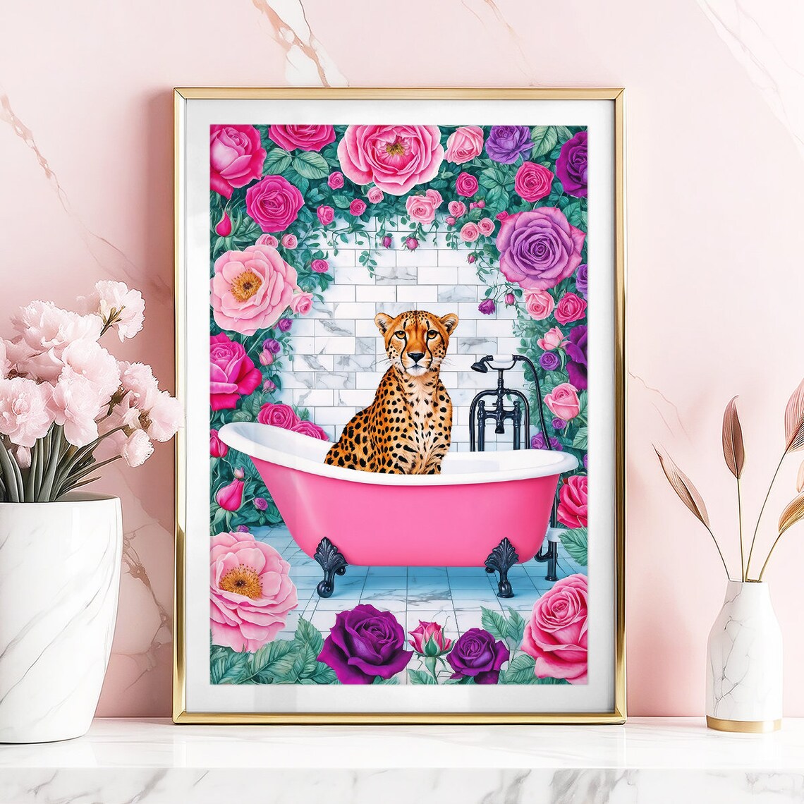 Cheetah In Pink Bathtub With Roses Black Fixtures Bathroom Poster - Image 4