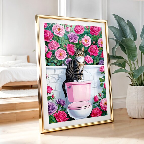 Tabby Cat Perched On Pink Toilet Tank Among Pink Roses Poster