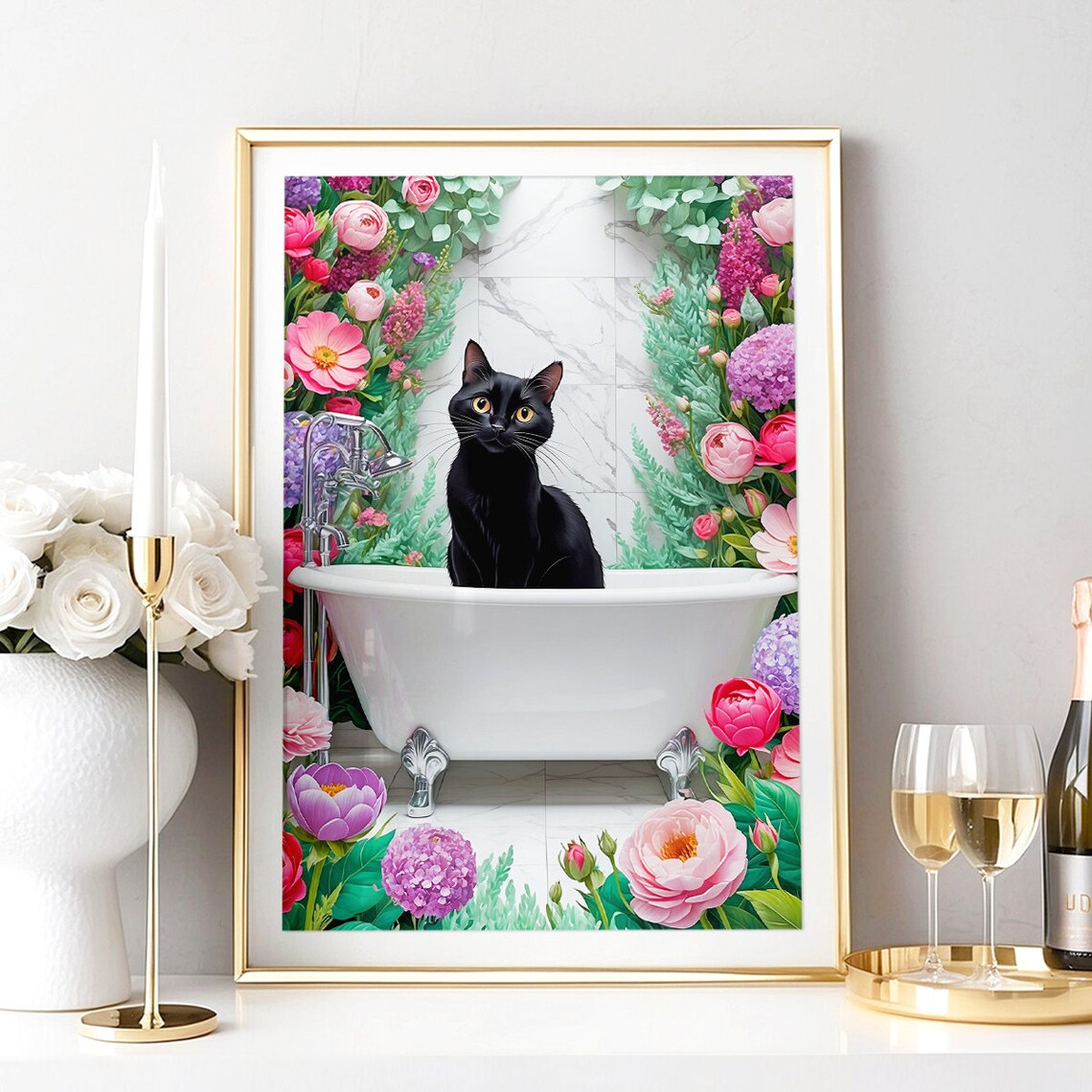 Black Cat White Bathtub Floral Arch Cute Bathroom Decor Poster - Image 3