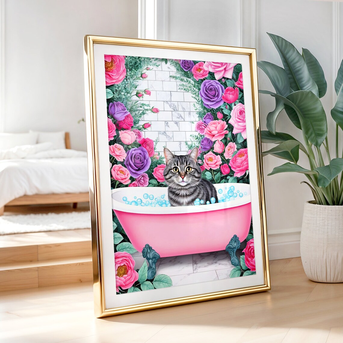 Grey Tabby Cat In Pink Bathtub With Bubbles And Roses Poster