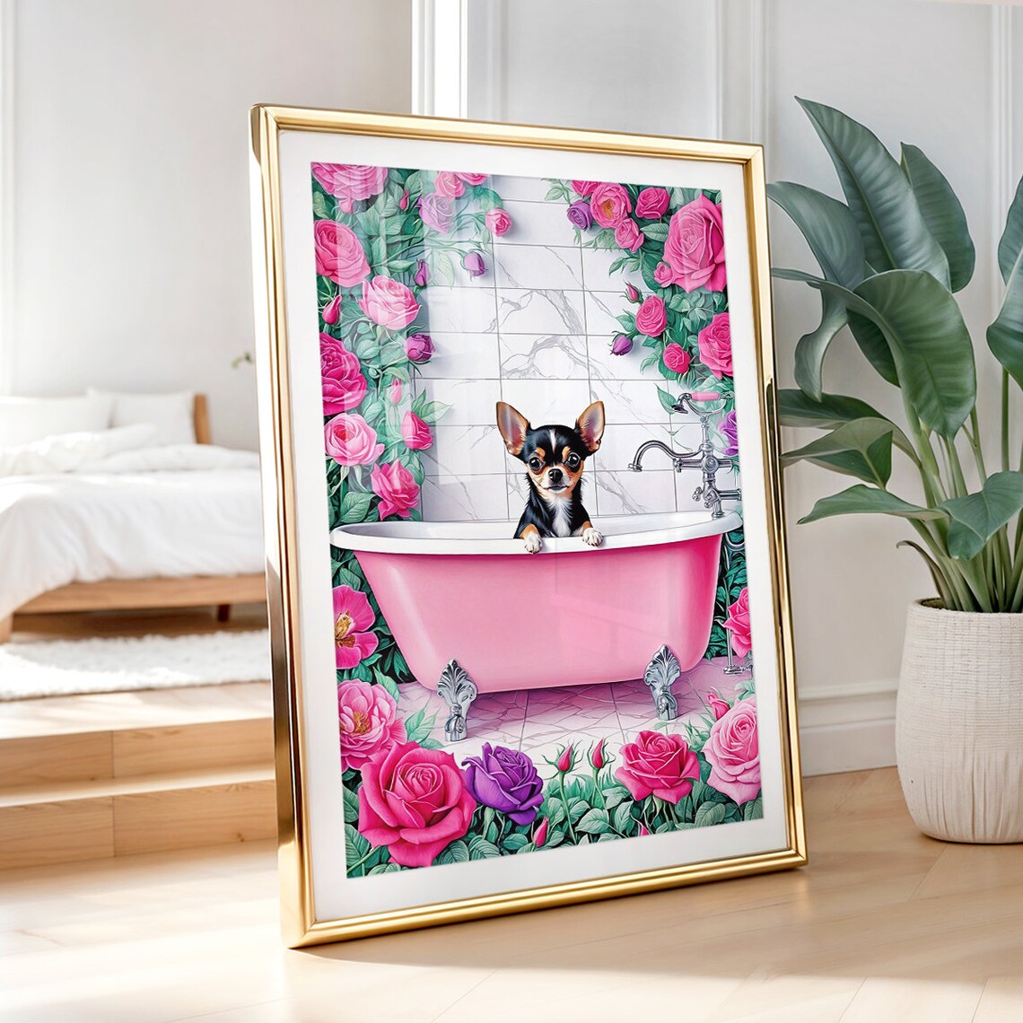 Chihuahua in Bathtub, Funny Bathroom Art Print