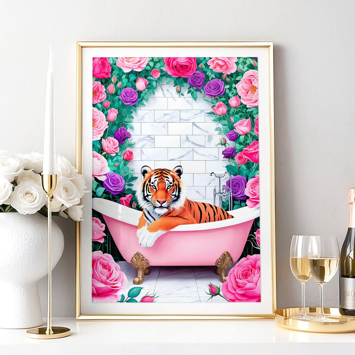 Tiger Pink Bathtub Roses Maximalist Funny Bathroom Decor Poster - Image 3