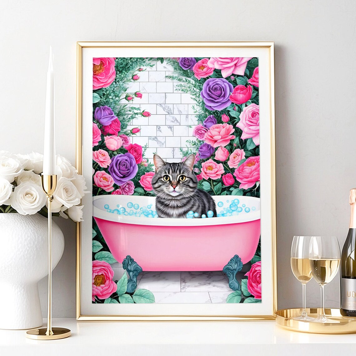 Grey Tabby Cat In Pink Bathtub With Bubbles And Roses Poster - Image 5