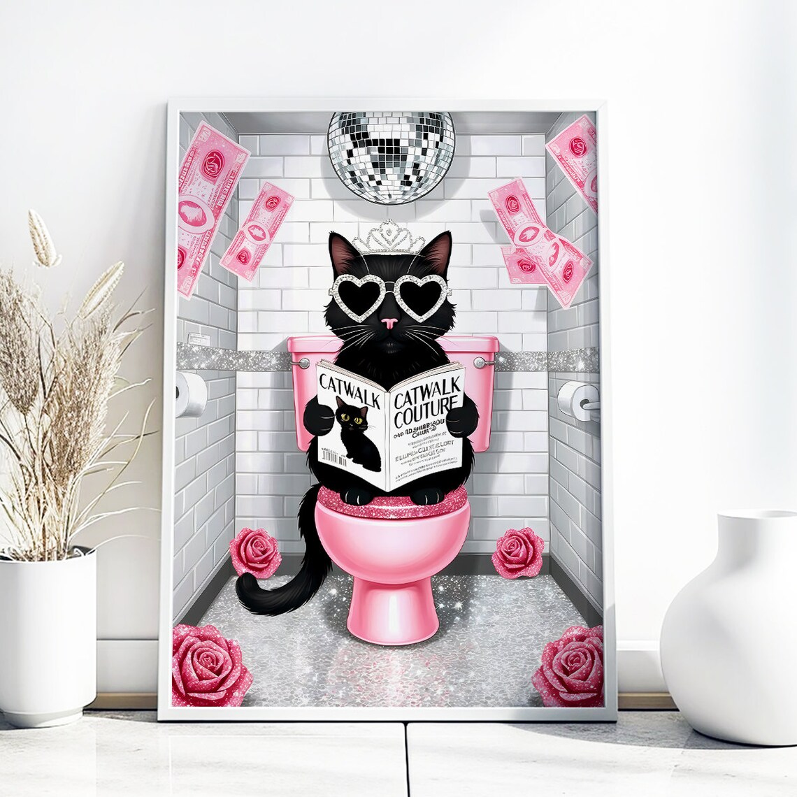 Black Cat in Tiara Reading Catwalk Couture Magazine Pink Poster - Image 4
