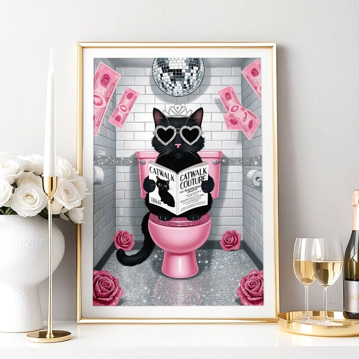 Black Cat On Pink Toilet Reading Catwalk Couture Magazine Poster - Image 5