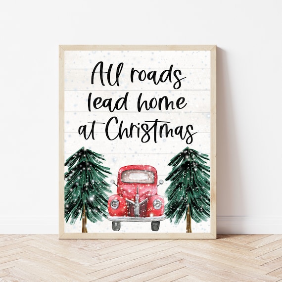 All Roads Lead Home at Christmas Farmhouse Red Truck Watercolor Poster