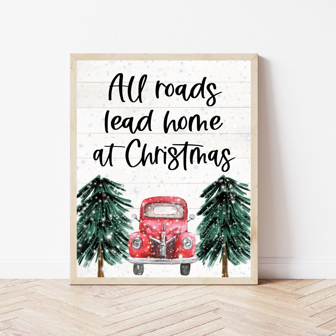 All Roads Lead Home at Christmas Farmhouse Red Truck Watercolor Poster