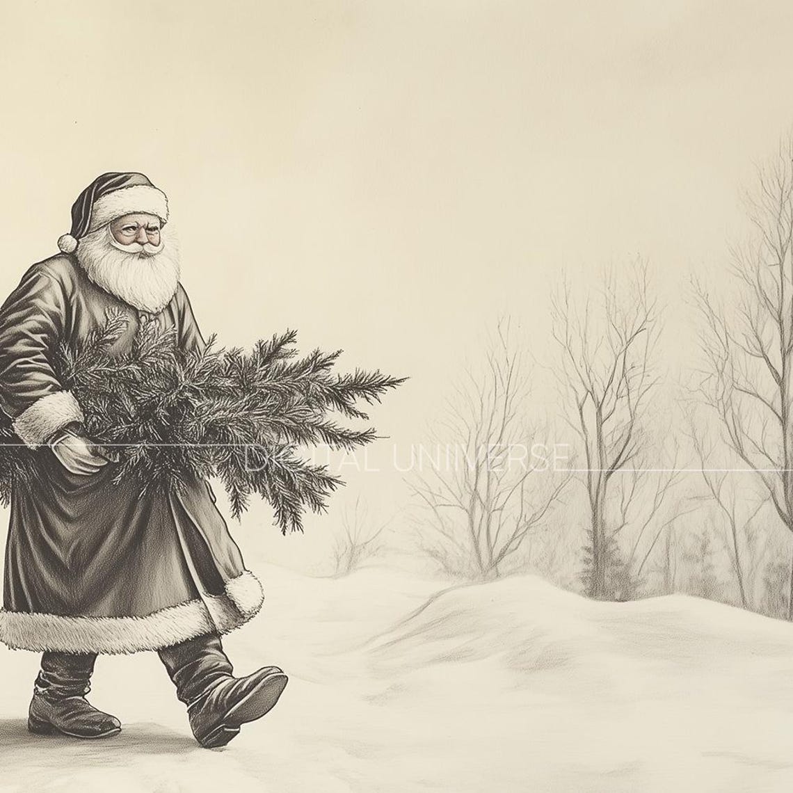 Vintage Sepia Santa Carrying Christmas Tree Through Snow Poster - Image 3
