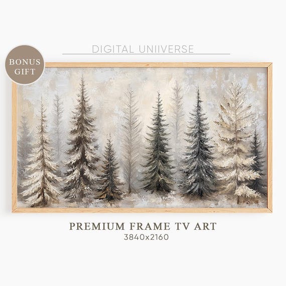 Moody Winter Forest Landscape Frame Tv Art Rustic Vintage Christmas Screensaver Evergreen Trees Oil Painting Christmas Decor