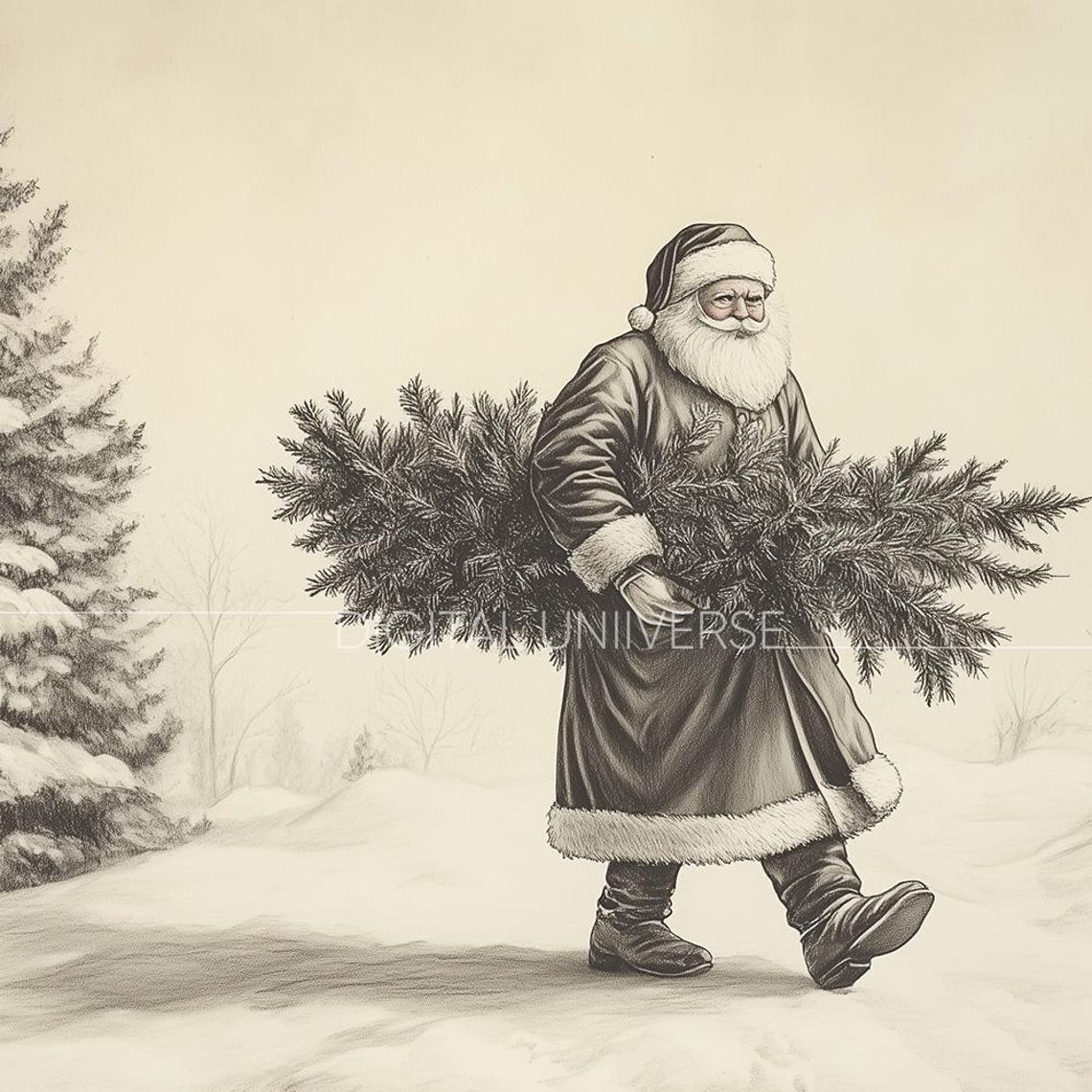 Vintage Sepia Santa Carrying Christmas Tree Through Snow Poster - Image 4