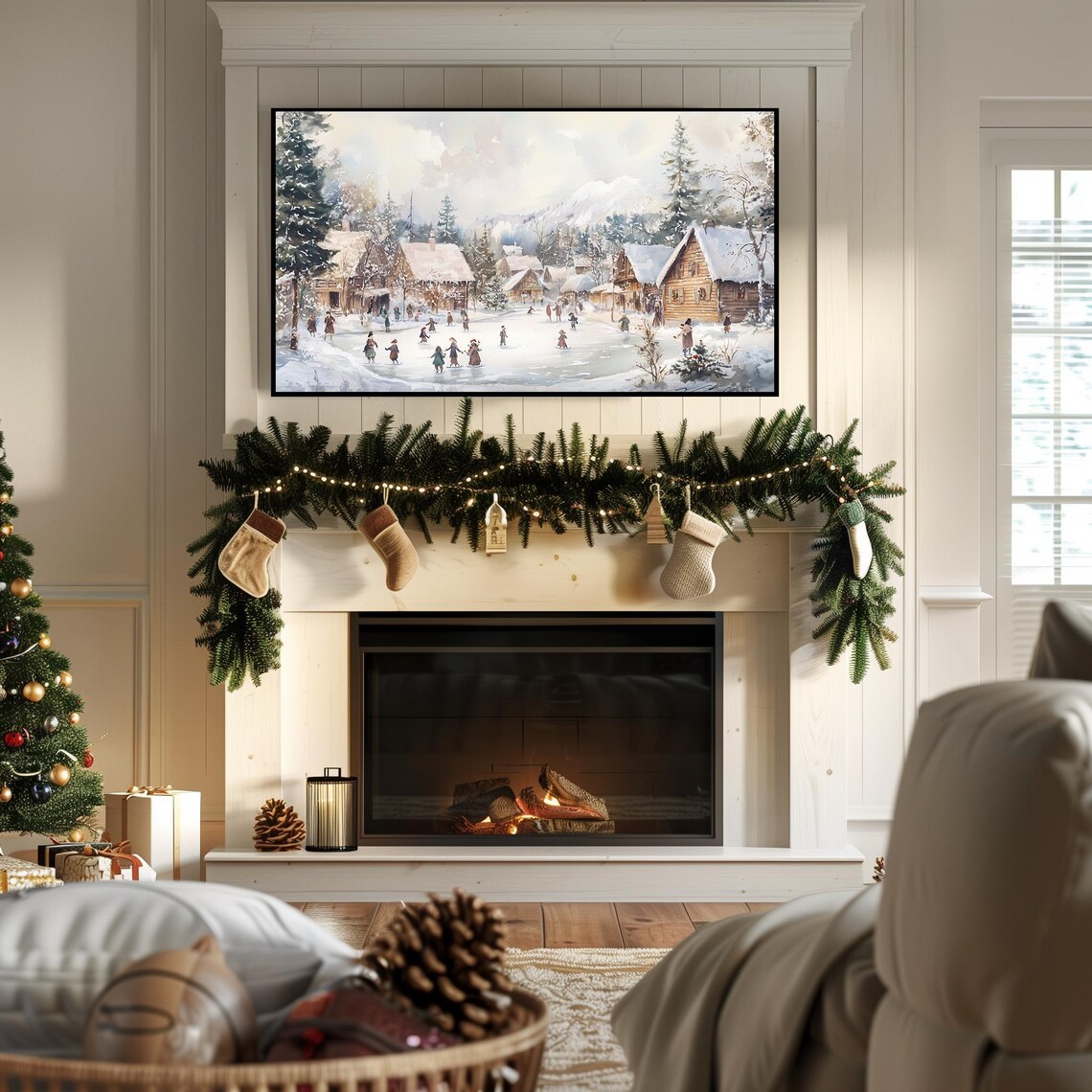 Watercolor Winter Village Ice Skating Scene Christmas Wall Art - Image 7