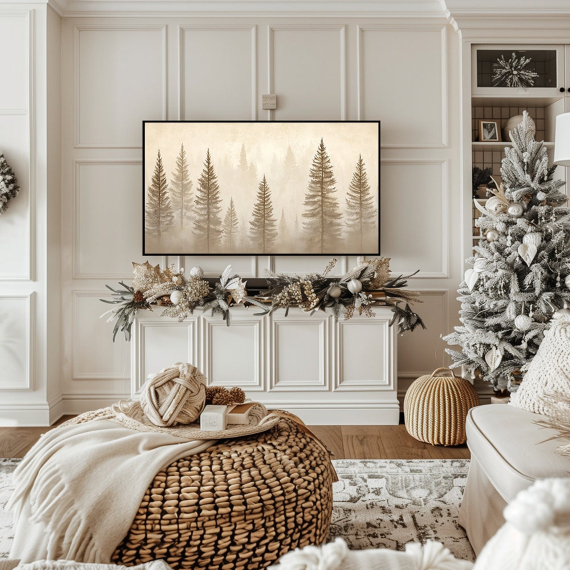 Misty Beige Winter Pine Forest Foggy Minimalist Landscape Wall Art - Image 7
