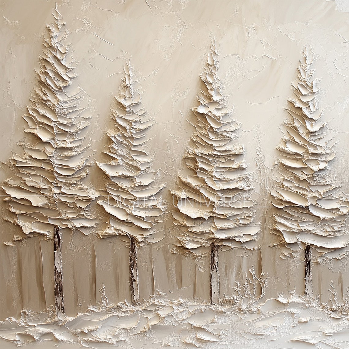 Seven White Textured Pine Trees Beige Winter Forest Scene Wall Art - Image 4