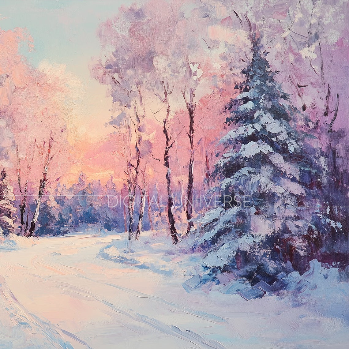Snowy Pine Forest Path Pink Sunset Glowing Winter Landscape Poster - Image 3