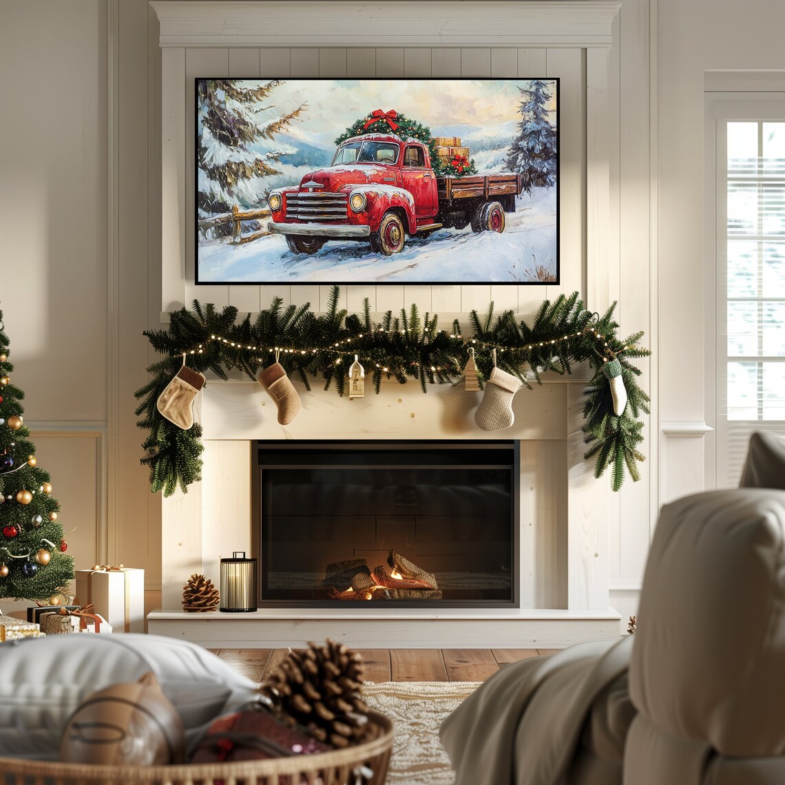 Vintage Red Pickup Truck Christmas Tree Snowy Holiday Painting Poster - Image 7