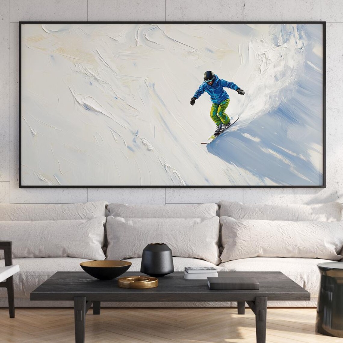 Snowboarder Carving Down Powder Slope Impasto Oil Painting Poster - Image 6