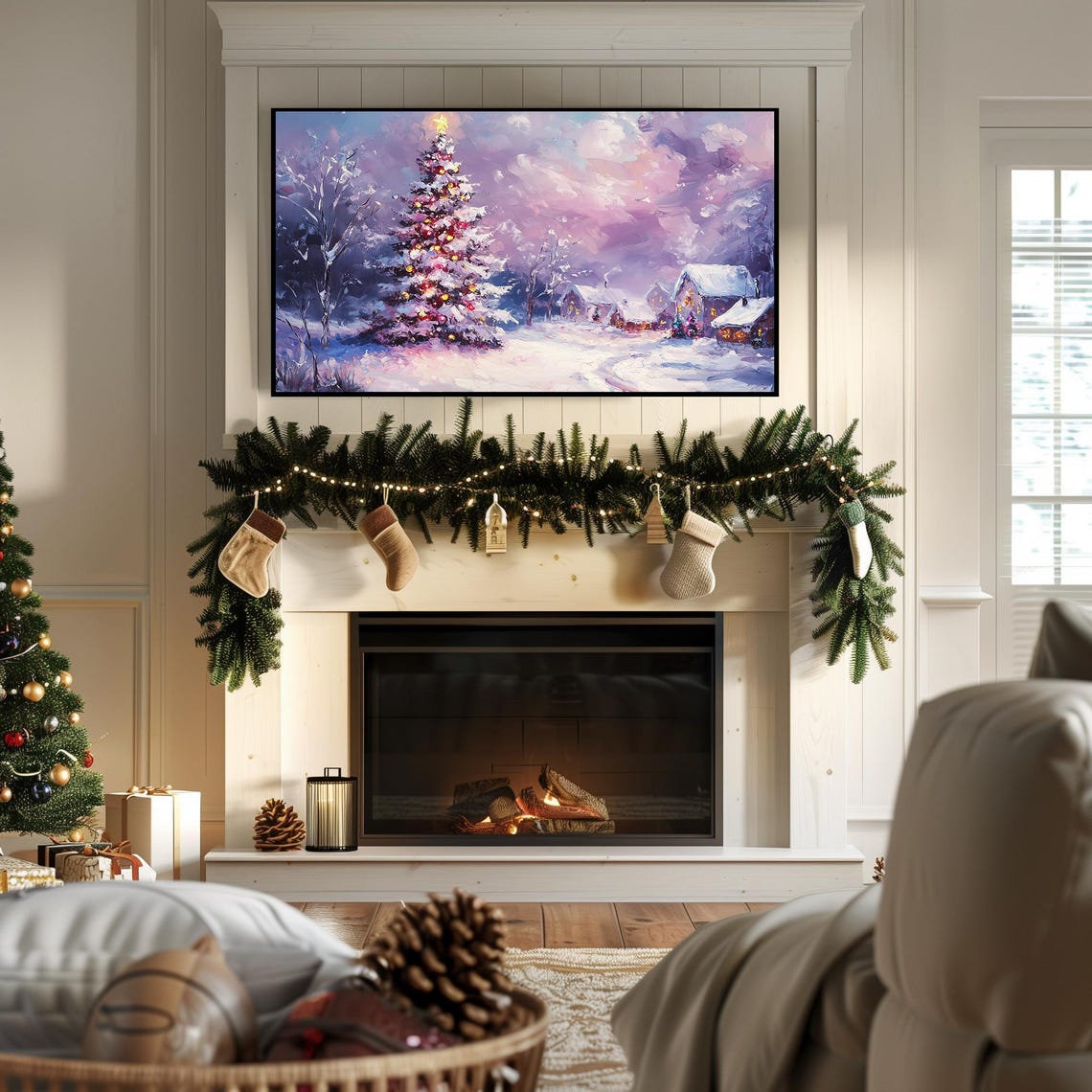 Decorated Christmas Tree in Snowy Village Purple Twilight Poster - Image 7