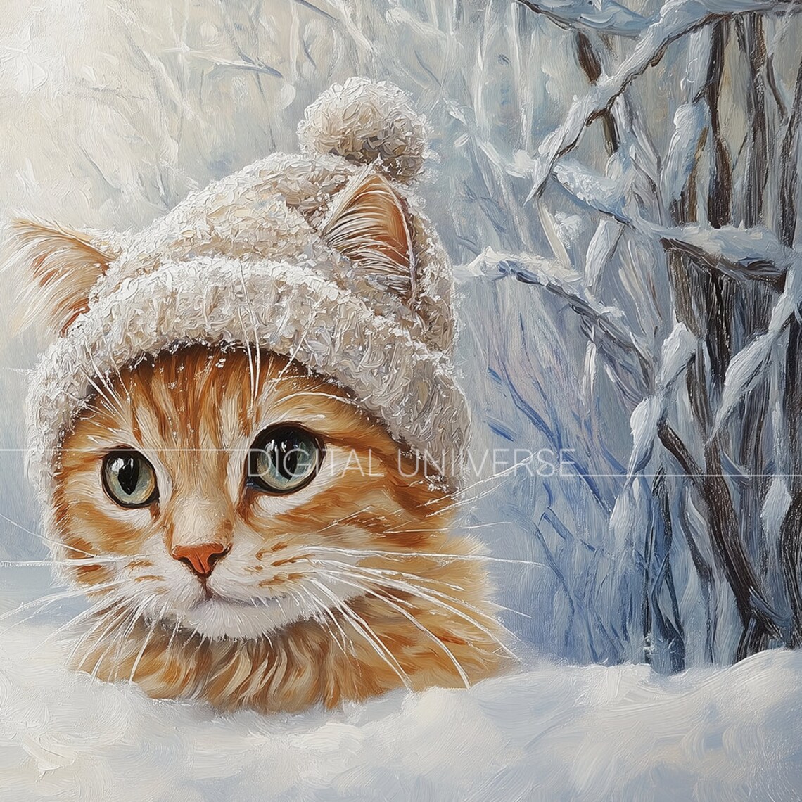 Cute Orange Kitten Knitted Hat Snowy Winter Forest Painting Poster - Image 3