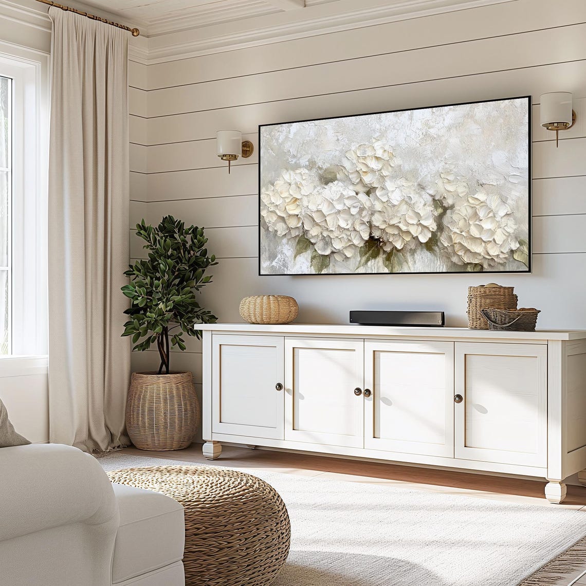 White Hydrangea Clusters Neutral Impasto Floral Art Wall Art - Image 6