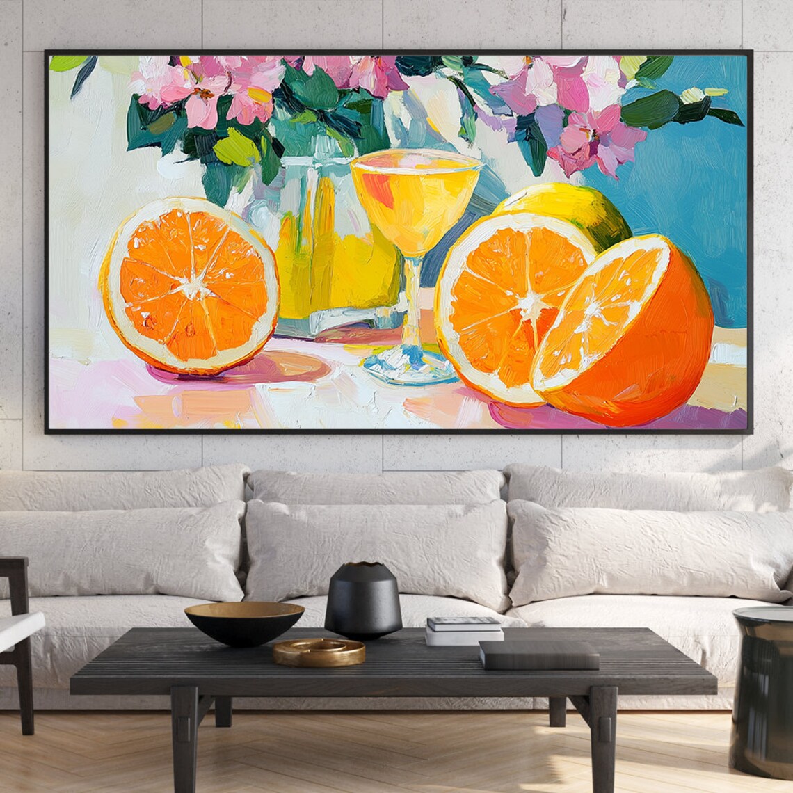 Sliced Oranges Cocktail Glass Flowers Impasto Still Life Painting Poster - Image 6