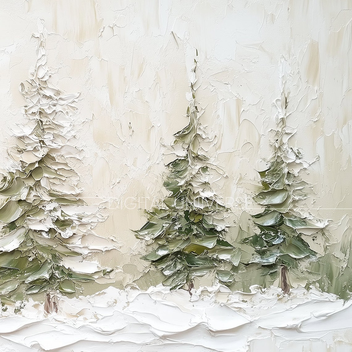 Five Textured Snow Covered Evergreen Trees Winter Scene Wall Art - Image 3