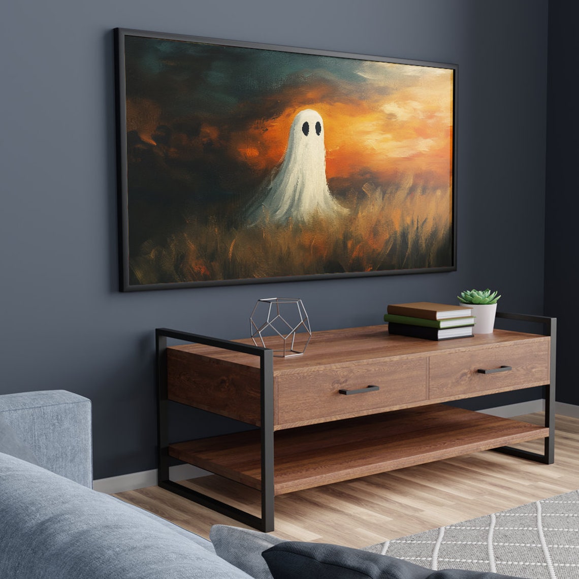 Cute Ghost in Golden Field at Fiery Sunset Halloween Art Poster - Image 5