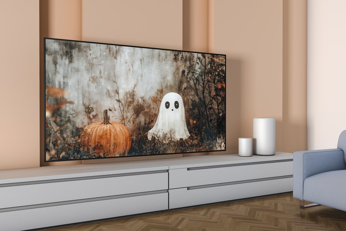 Cute Ghost and Pumpkin in Misty Autumn Forest Halloween Poster - Image 7