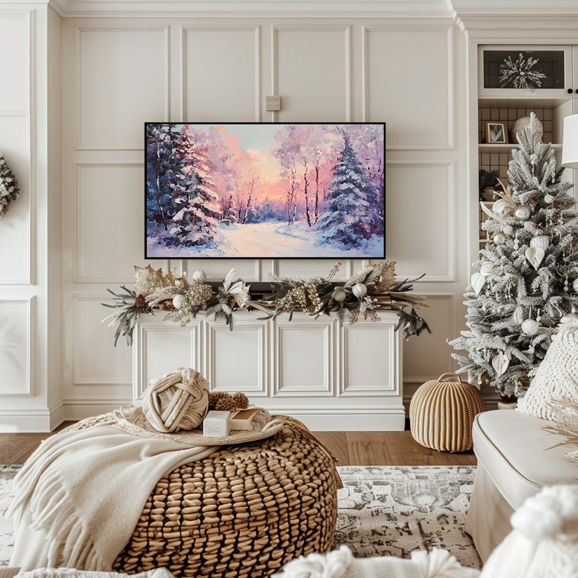 Snowy Pine Forest Path Pink Sunset Glowing Winter Landscape Poster - Image 7