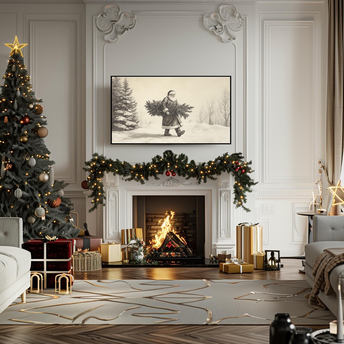 Vintage Sepia Santa Carrying Christmas Tree Through Snow Poster - Image 5