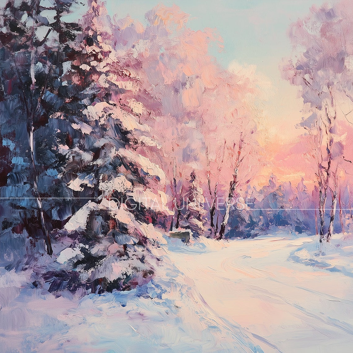 Snowy Pine Forest Path Pink Sunset Glowing Winter Landscape Poster - Image 4