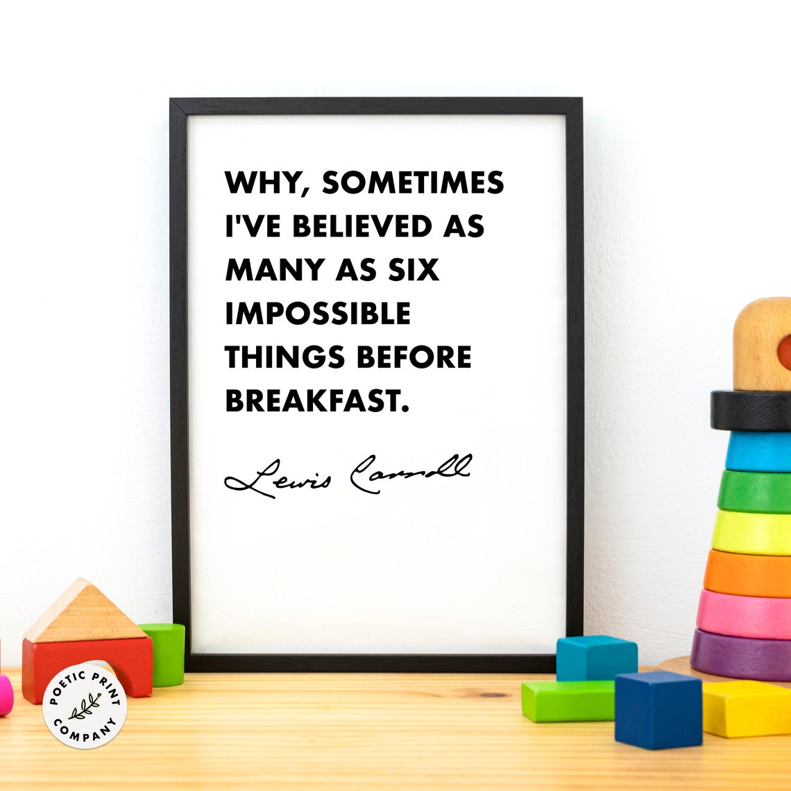 Lewis Carroll Six Impossible Things Nursery Black White Quote Poster - Image 3