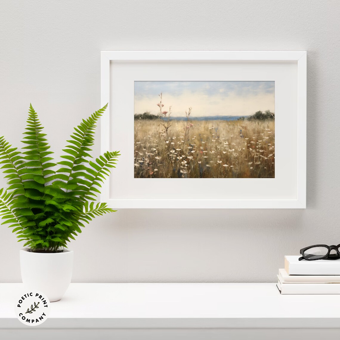 White And Rose Wildflowers Oil Painting Countryside Meadow Art Print - Image 5