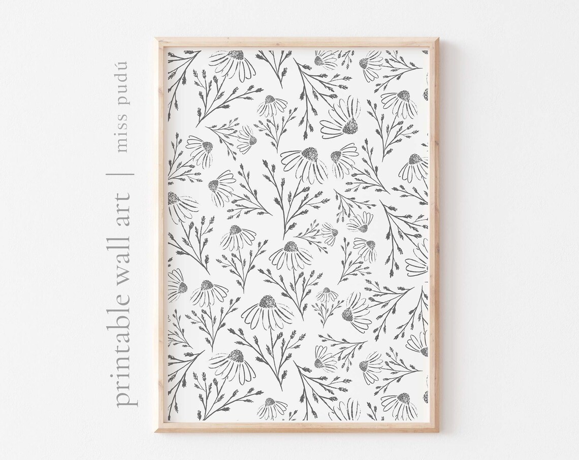 Hand Painted Chamomile Floral Pattern Graphite Botanical Print Decor