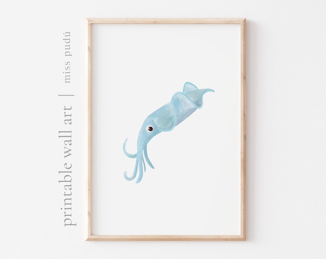 Aquamarine Squid Under the Sea Nursery Illustration Poster for Kids